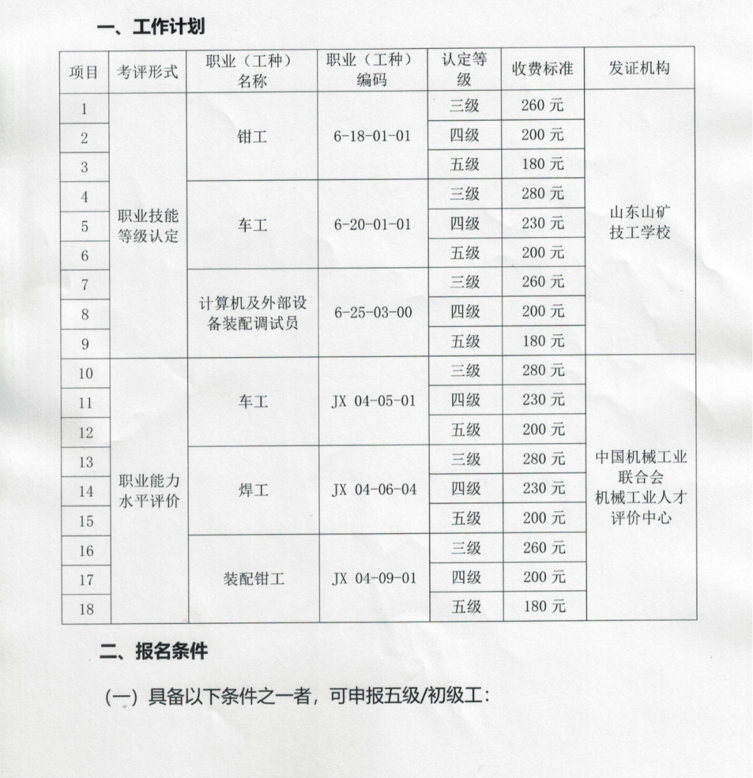 山東山礦技工學校社會培訓評價組織職業技能等級認定機械行業職業能力評價重型機械212考試站職業能力水平評價公告